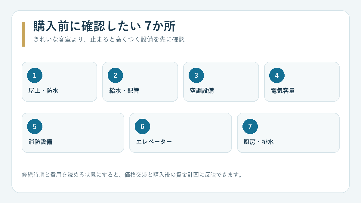 築古物件の購入前に確認したい屋上・給水・空調・電気・消防・エレベーター・厨房の7項目
